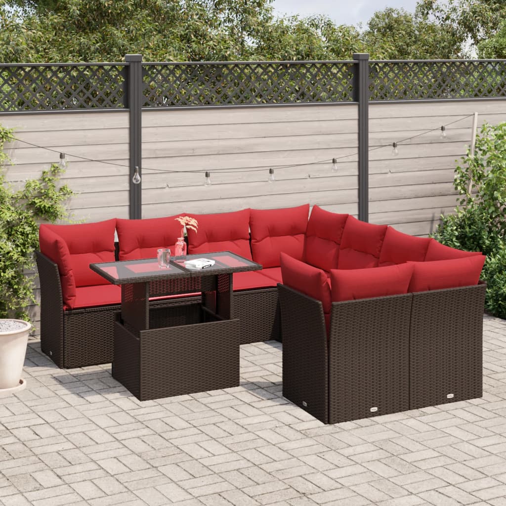 vidaXL 9-teiliges Gartensofa-Set mit Kissen, braun, Polyrattan