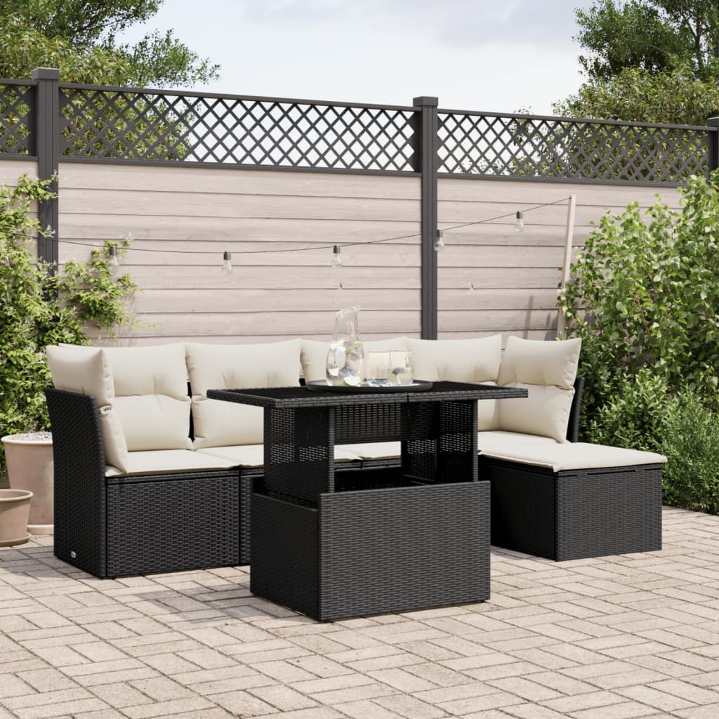 vidaXL 6-tlg. Garten-Sofagarnitur mit Kissen Schwarz Poly Rattan