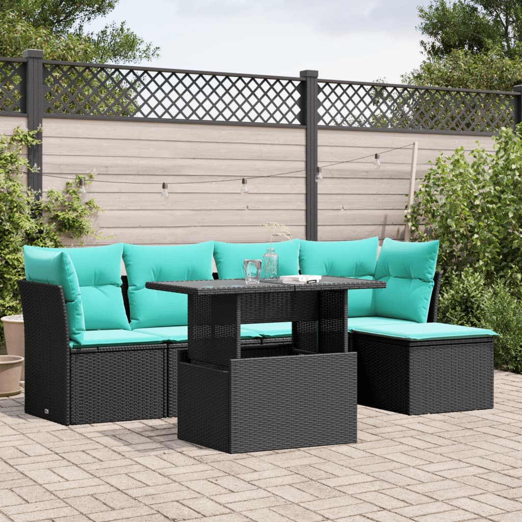 vidaXL 6-teiliges Gartensofa-Set mit Kissen, schwarzes Polyrattan