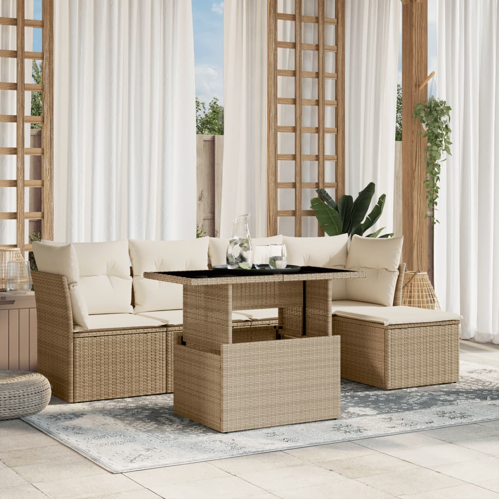 vidaXL 6-tlg. Garten-Sofagarnitur mit Kissen Beige Poly Rattan