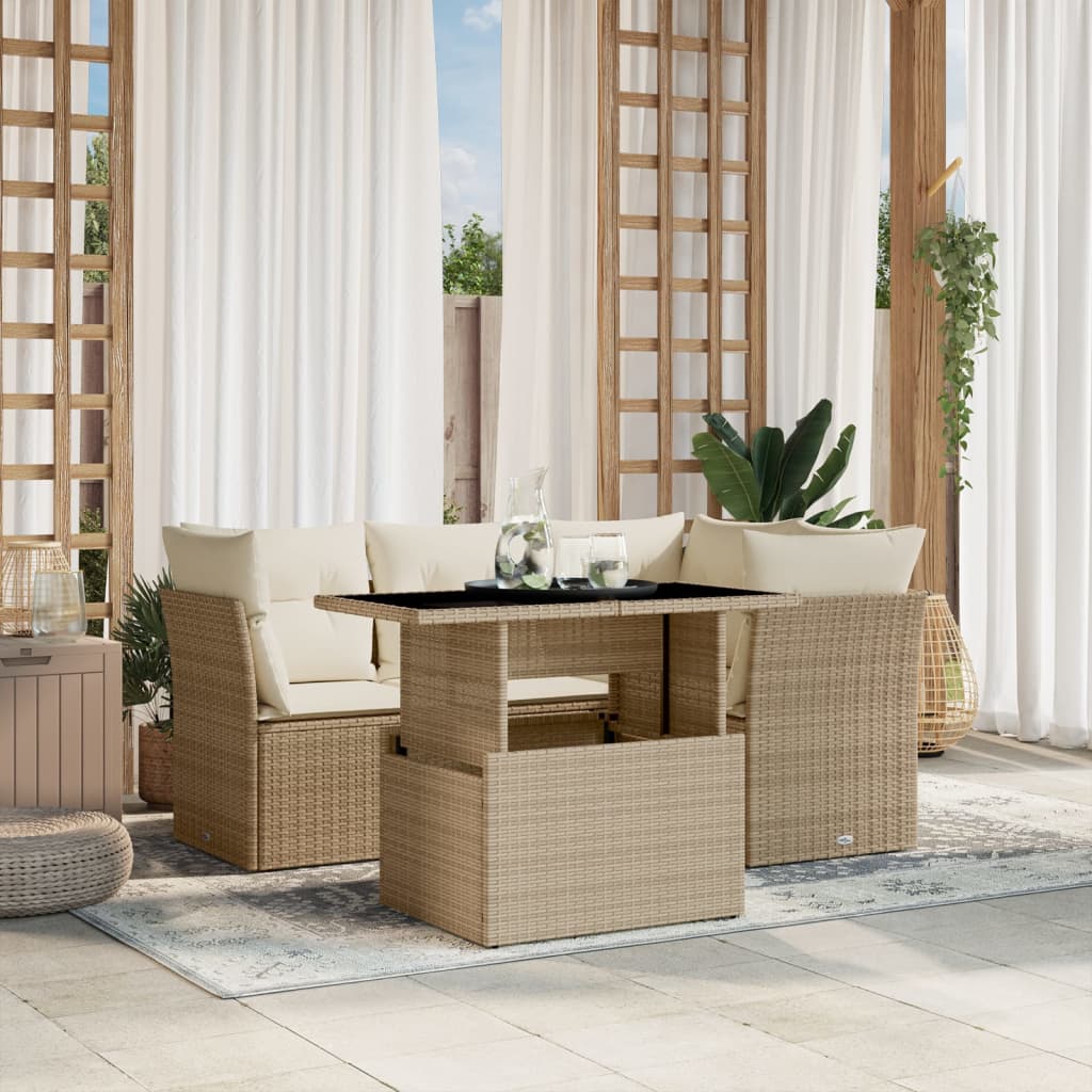 vidaXL 5-tlg. Garten-Sofagarnitur mit Kissen Beige Poly Rattan