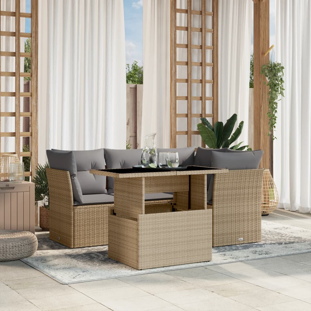 vidaXL 5-tlg. Garten-Sofagarnitur mit Kissen Beige Poly Rattan