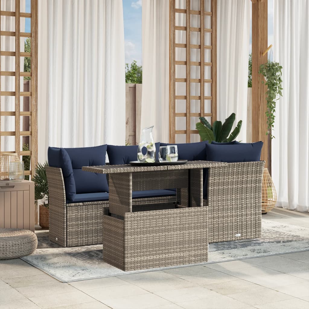 Havesofasæt med 5 dele i grå polyrattan med marineblå hynder