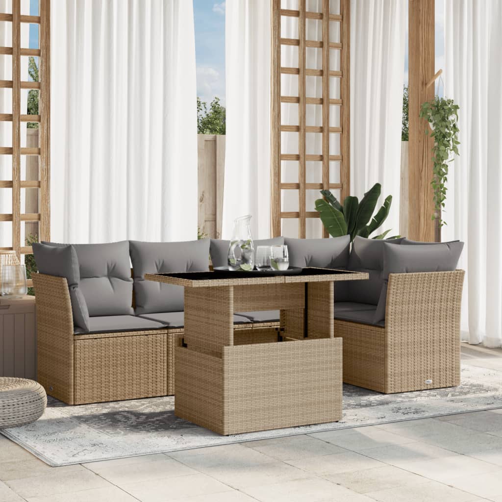 vidaXL 6-tlg. Garten-Sofagarnitur mit Kissen Beige Poly Rattan