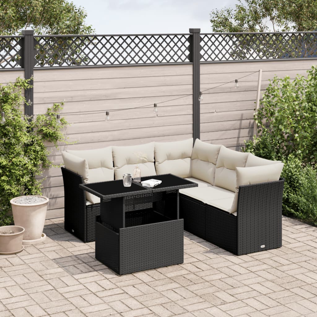 vidaXL 6-tlg. Garten-Sofagarnitur mit Kissen Schwarz Poly Rattan