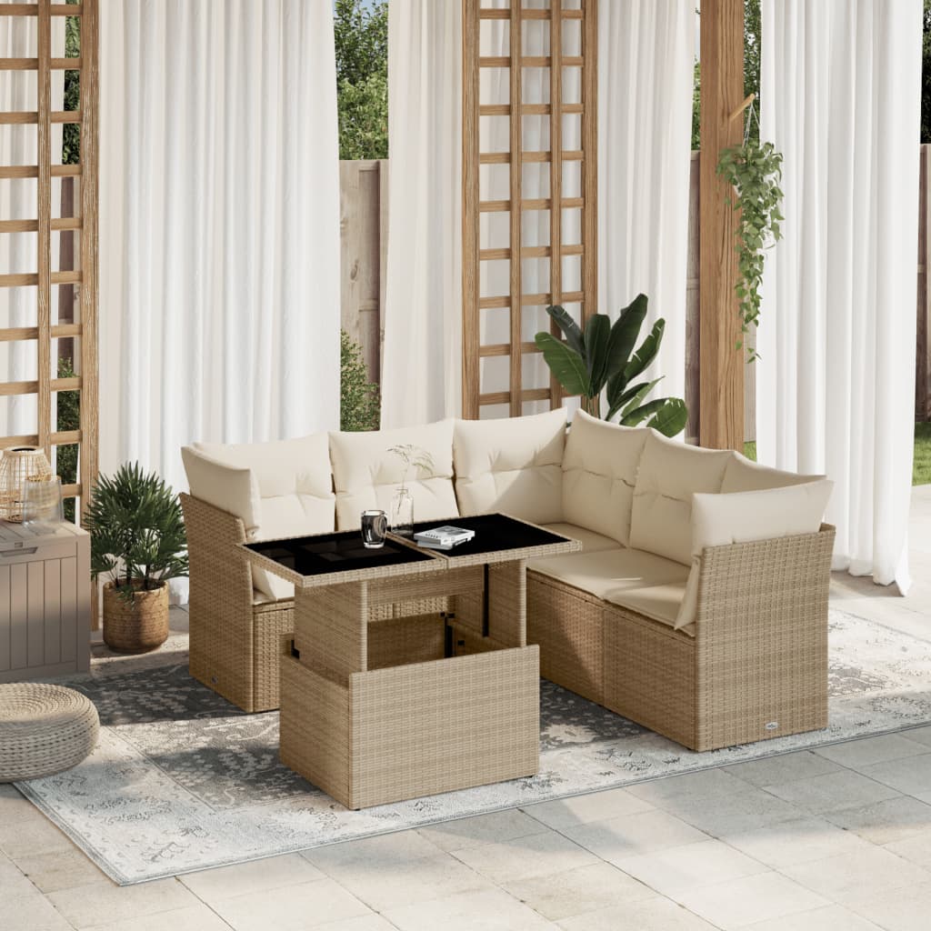 vidaXL 6-tlg. Garten-Sofagarnitur mit Kissen Beige Poly Rattan