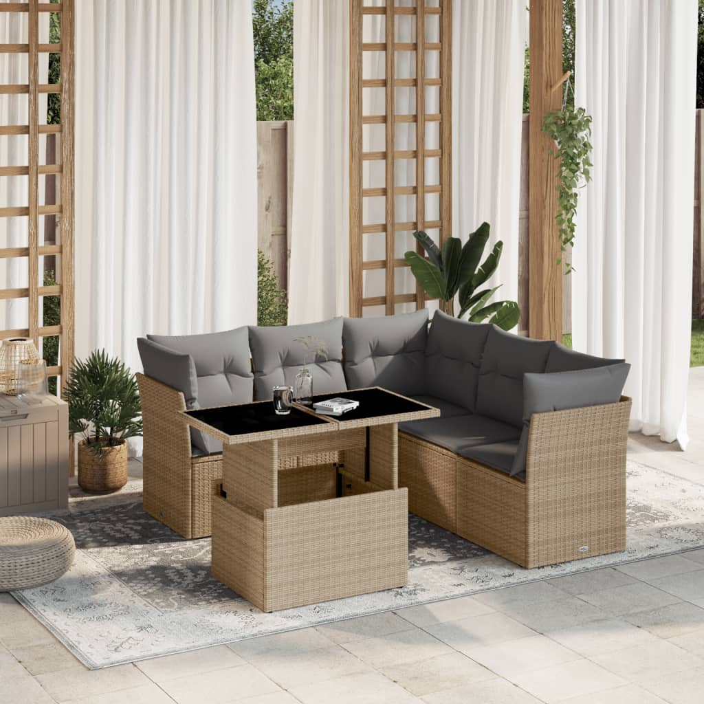 vidaXL 6-tlg. Garten-Sofagarnitur mit Kissen Beige Poly Rattan