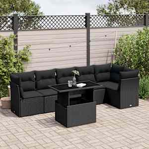 Vrtna sedežna garnitura 7-delna z blazinami črn poli ratan