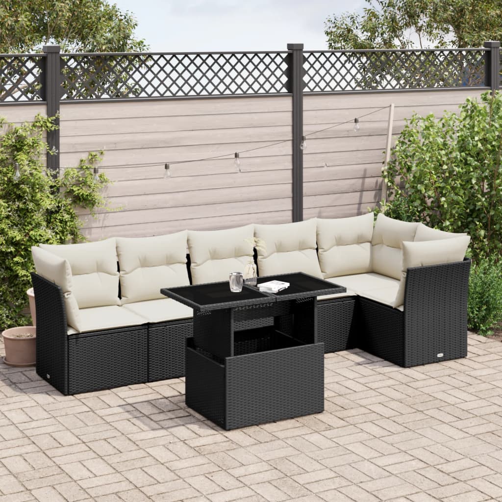 vidaXL 7-tlg. Garten-Sofagarnitur mit Kissen Schwarz Poly Rattan