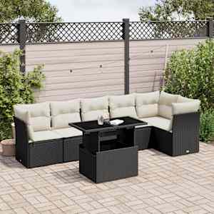 Vrtna sedežna garnitura 7-delna z blazinami črn poli ratan