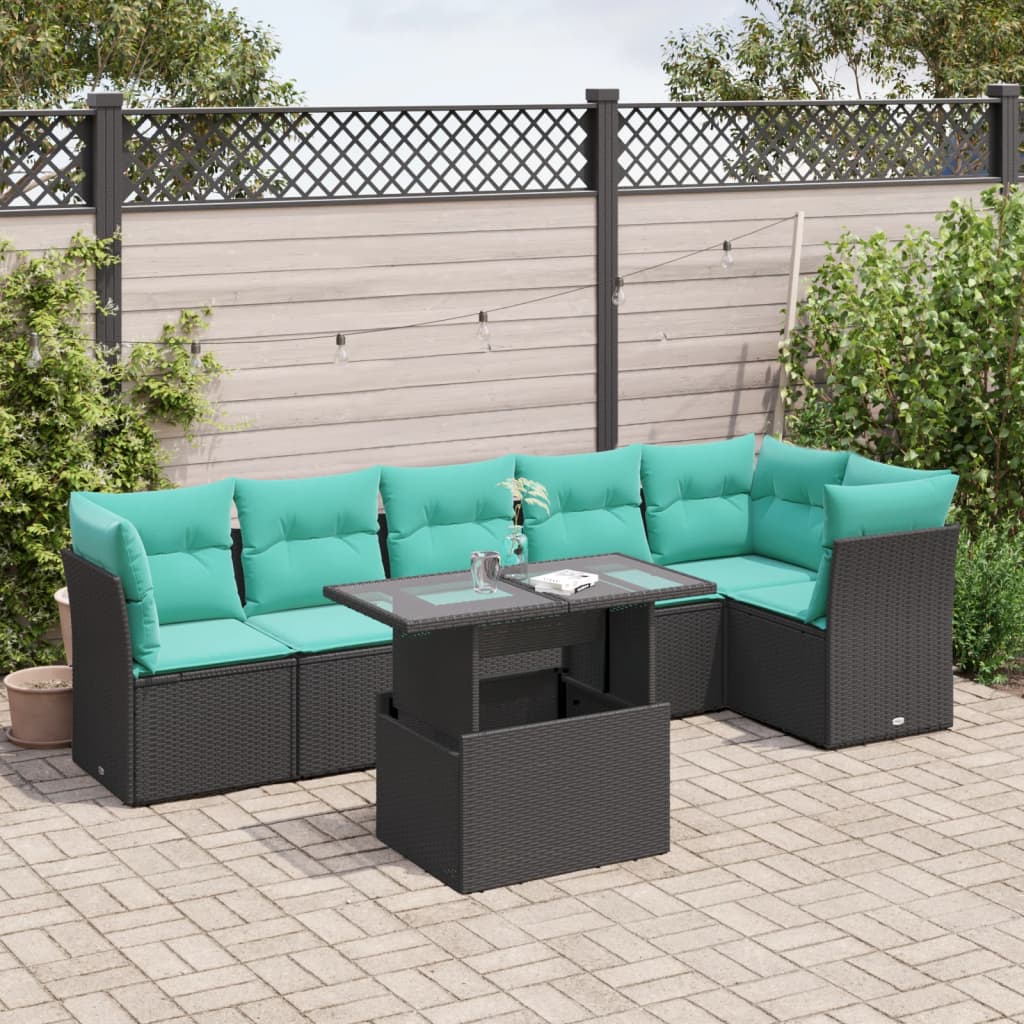 vidaXL 7-teiliges Gartensofa-Set mit Kissen, schwarzes Polyrattan