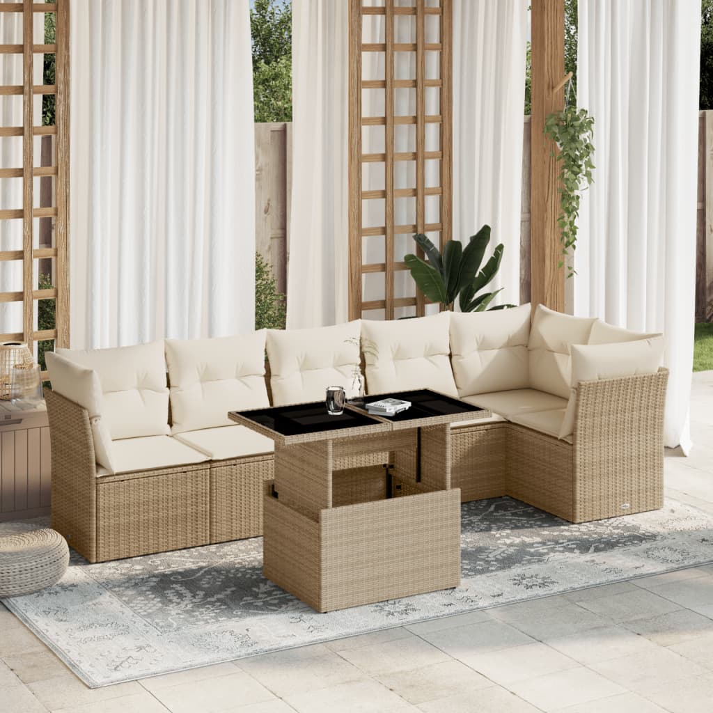 vidaXL 7-tlg. Garten-Sofagarnitur mit Kissen Beige Poly Rattan