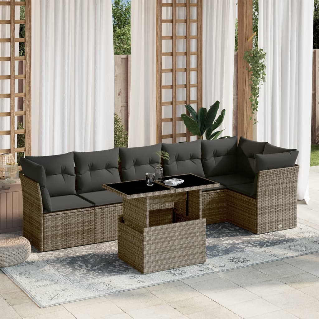 vidaXL 7-tlg. Garten-Sofagarnitur mit Kissen Grau Poly Rattan