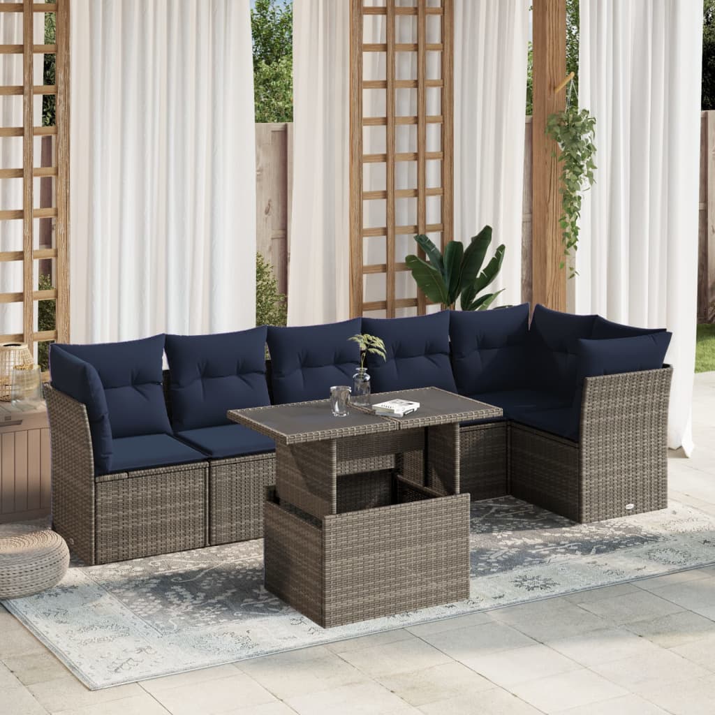 vidaXL 7-teiliges Gartensofa-Set mit Kissen, grau, Polyrattan
