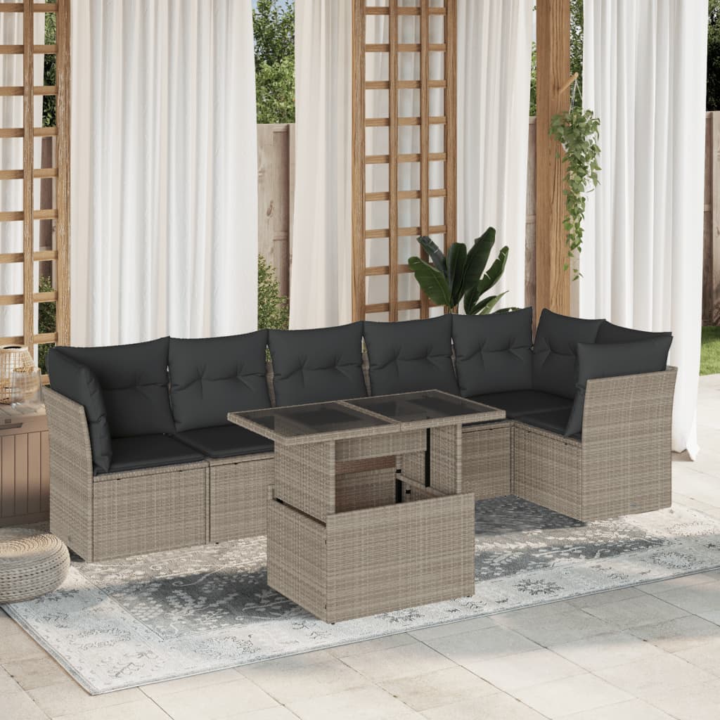 7-tlg. Garten-Sofagarnitur mit Kissen Hellgrau Poly Rattan