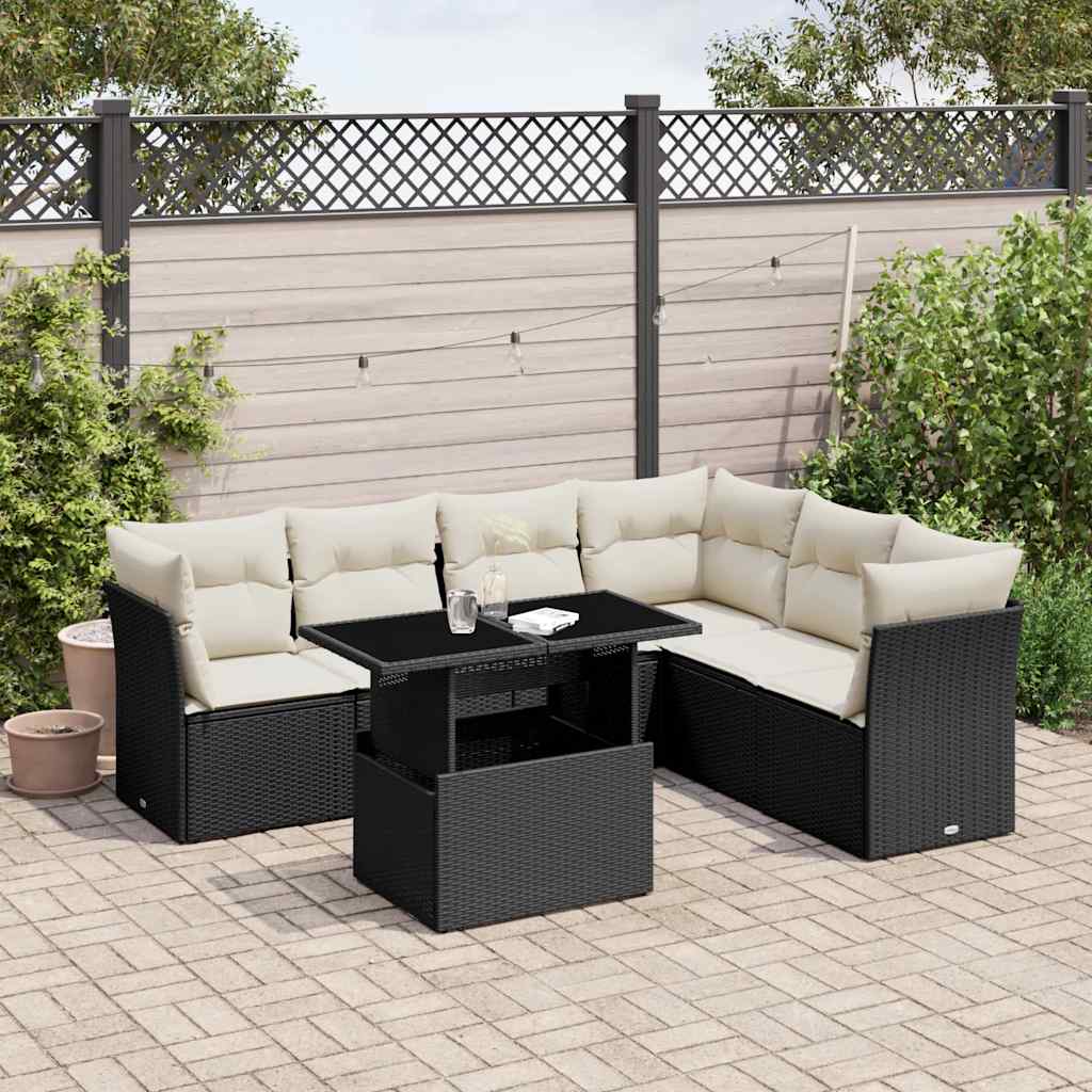 vidaXL 7-tlg. Garten-Sofagarnitur mit Kissen Schwarz Poly Rattan