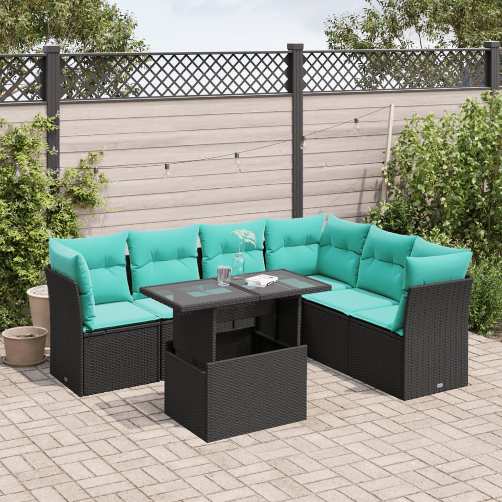 vidaXL 7-teiliges Gartensofa-Set mit Kissen, schwarzes Polyrattan