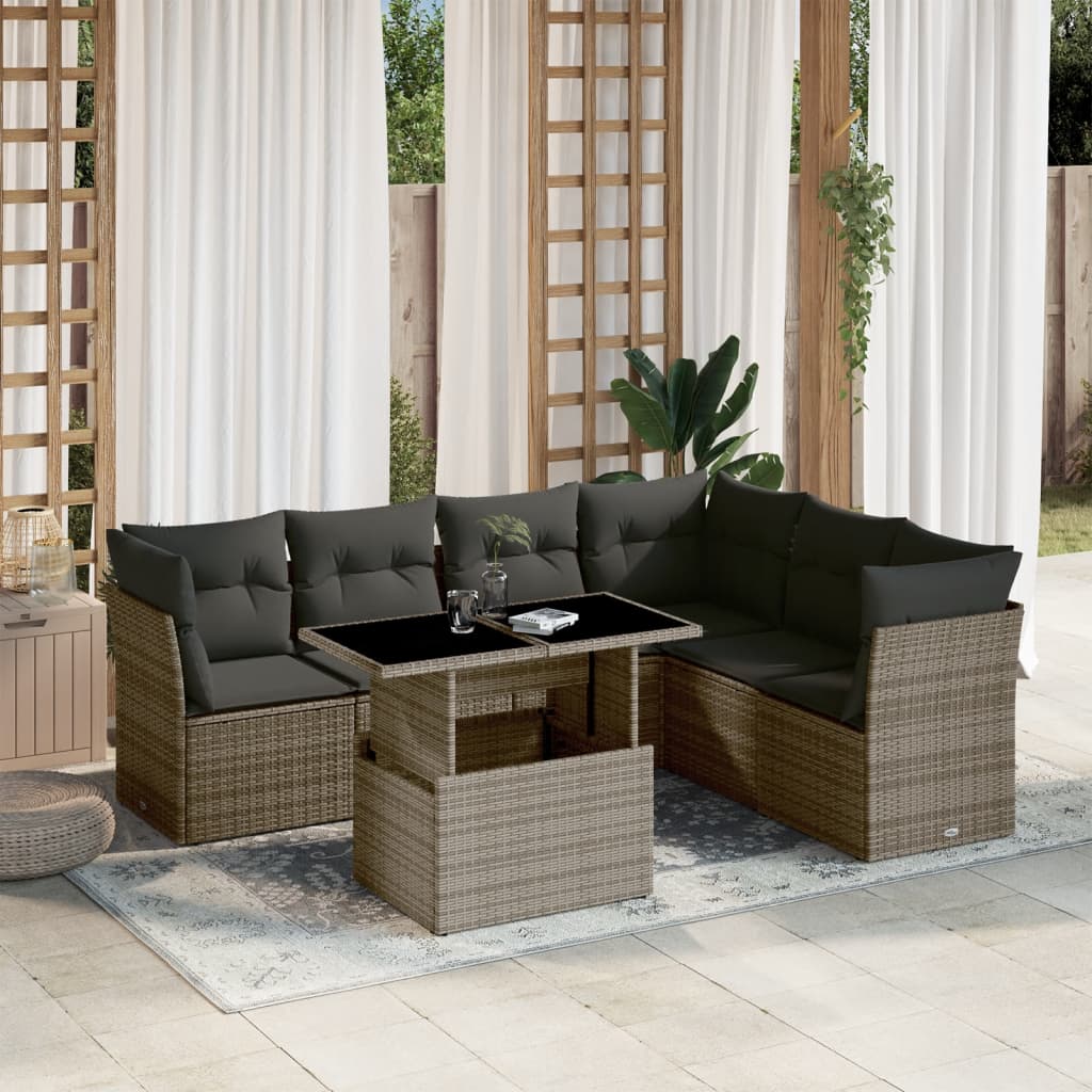 vidaXL 7-tlg. Garten-Sofagarnitur mit Kissen Grau Poly Rattan