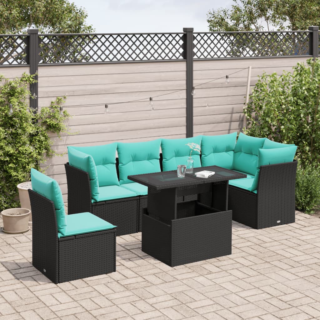vidaXL 7-teiliges Gartensofa-Set mit Kissen, schwarzes Polyrattan