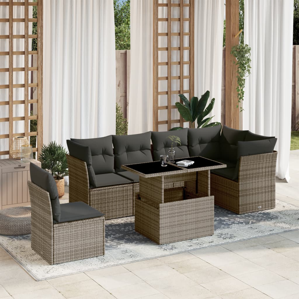 vidaXL 7-tlg. Garten-Sofagarnitur mit Kissen Grau Poly Rattan