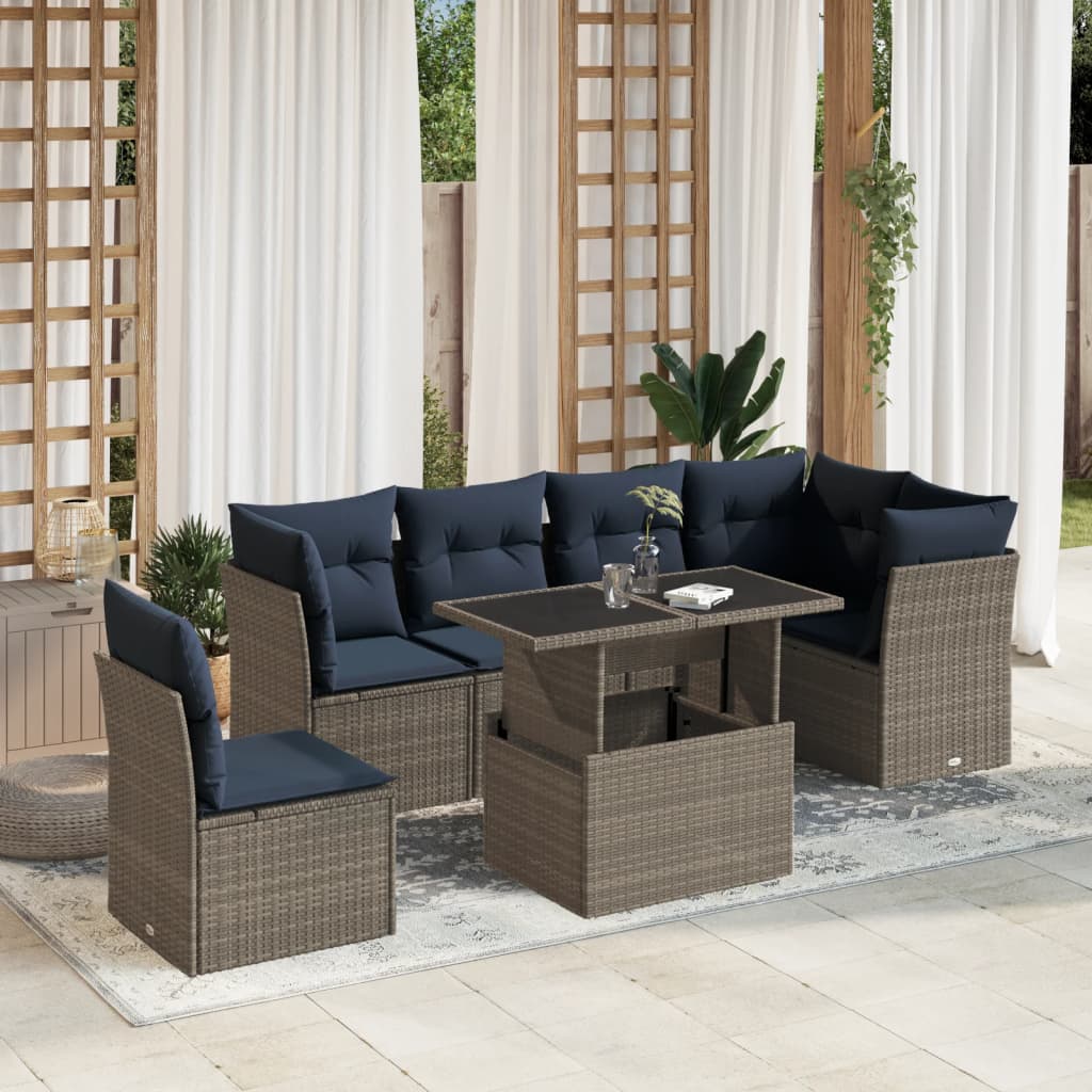 vidaXL 7-teiliges Gartensofa-Set mit Kissen, grau, Polyrattan