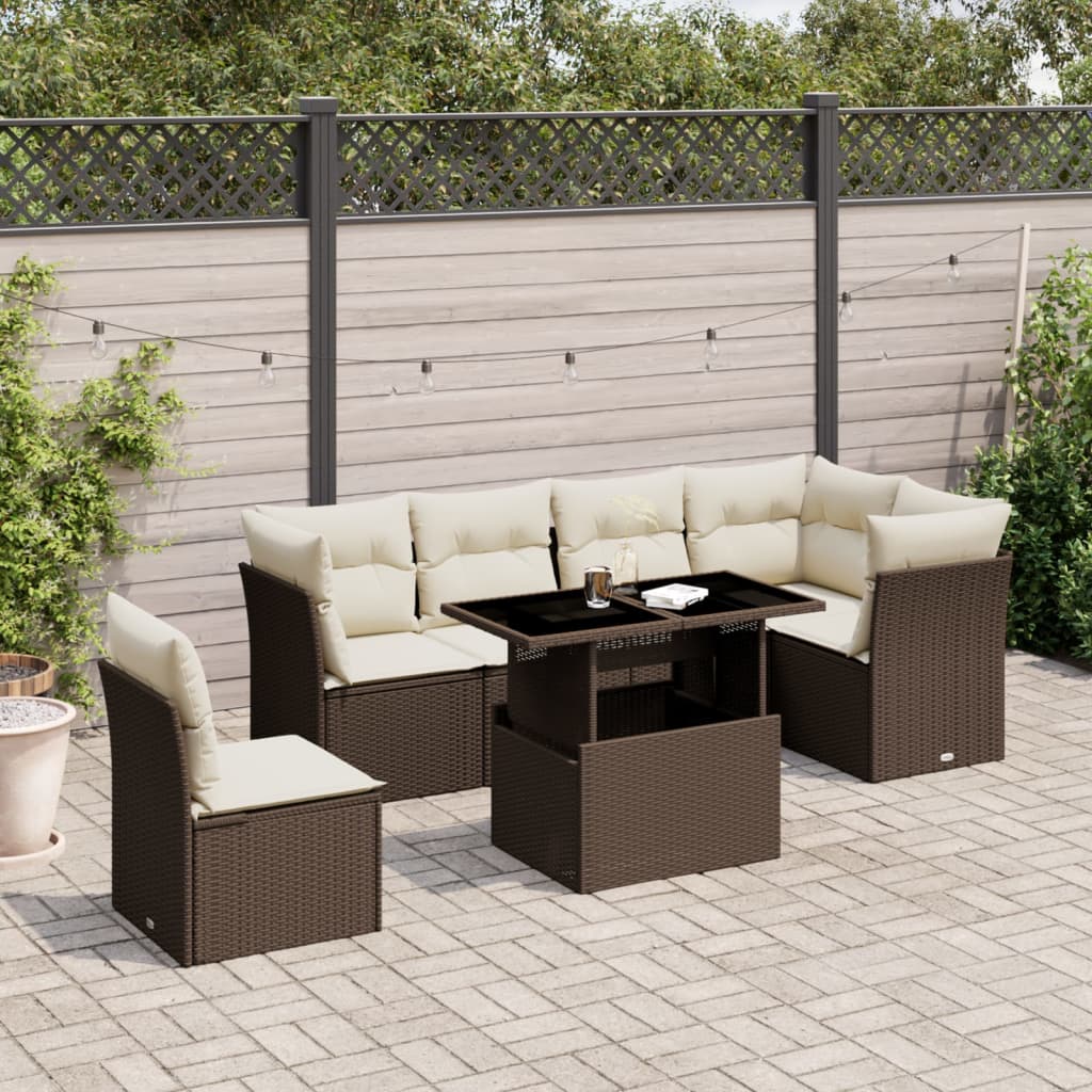 vidaXL 7-tlg. Garten-Sofagarnitur mit Kissen Braun Poly Rattan