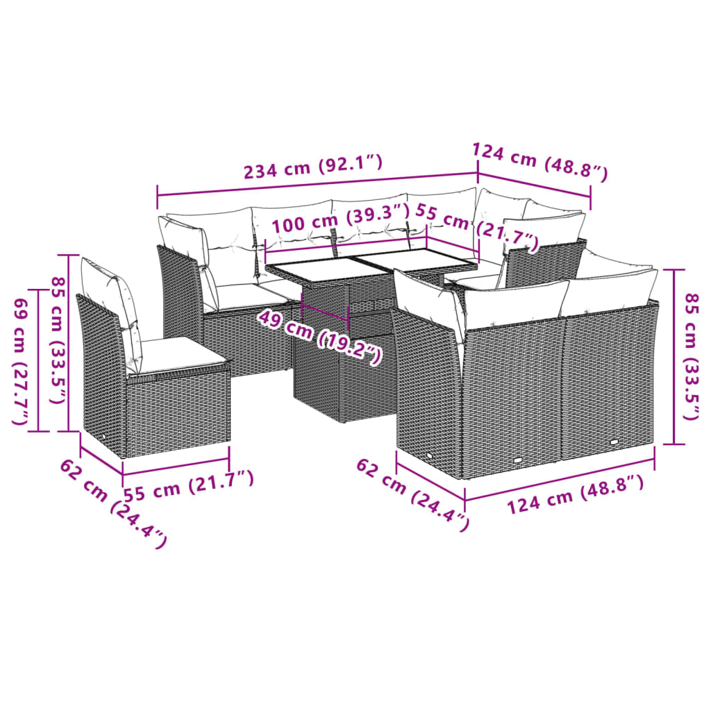 Zestaw wypoczynkowy rattan PE 62x62 czarny - 5 siedzisk, 3 poduszki, stolik 100x55