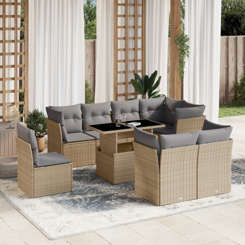 vidaXL 9-tlg. Garten-Sofagarnitur mit Kissen Beige Poly Rattan