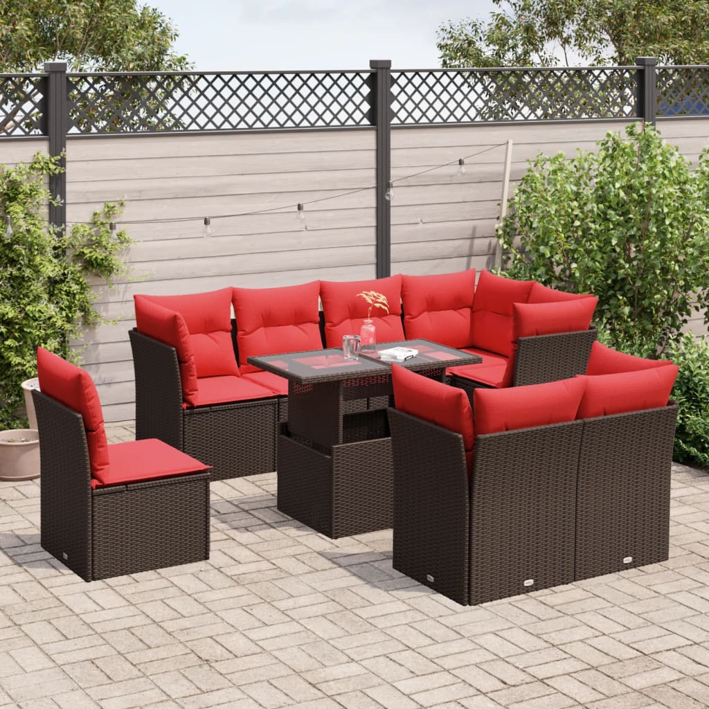 vidaXL 9-teiliges Gartensofa-Set mit Kissen, braun, Polyrattan