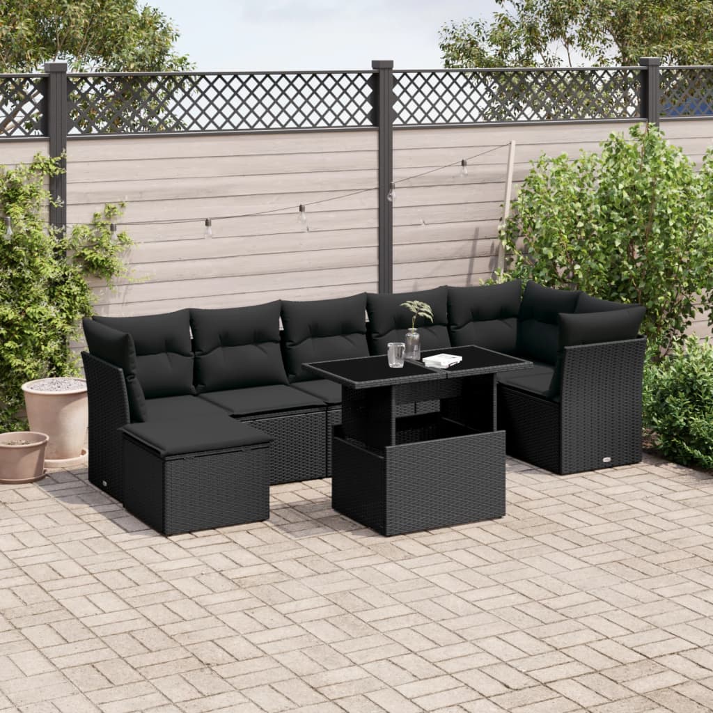 vidaXL 8-tlg. Garten-Sofagarnitur mit Kissen Schwarz Poly Rattan