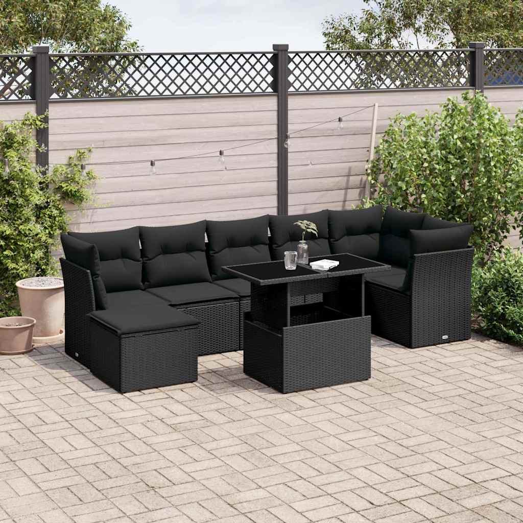 vidaXL Set mobilier de grădină cu perne, 8 piese, negru, poliratan