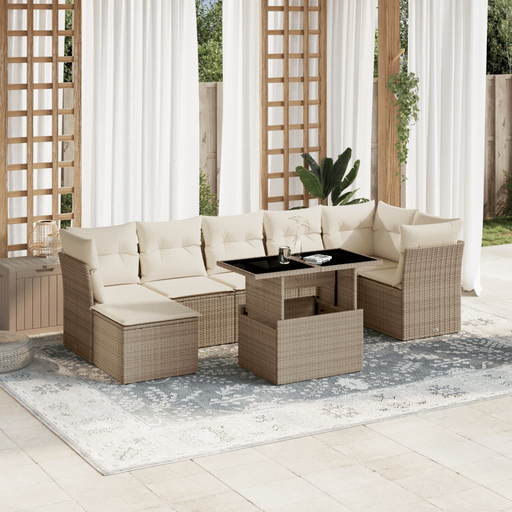 vidaXL 8-tlg. Garten-Sofagarnitur mit Kissen Beige Poly Rattan