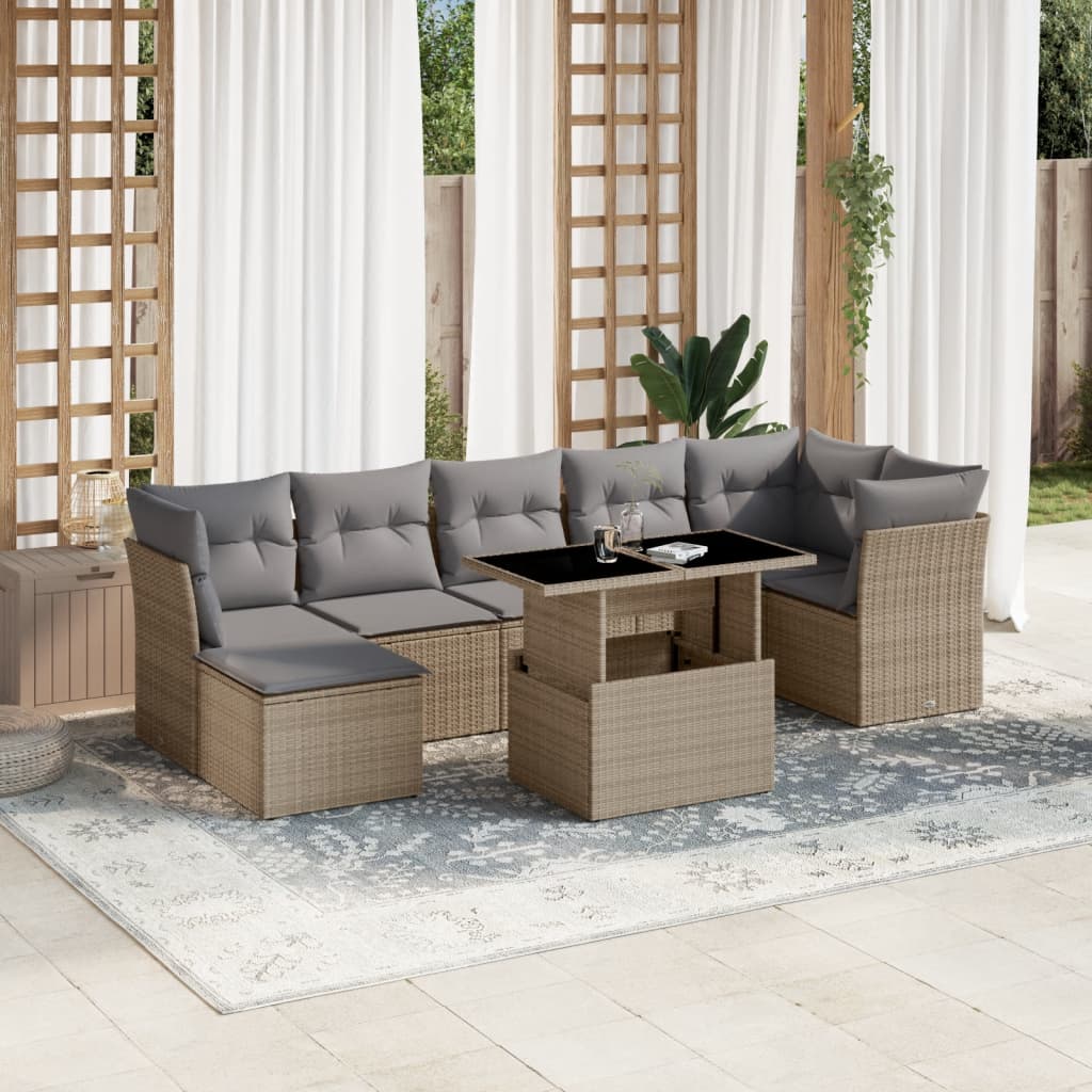 vidaXL 8-tlg. Garten-Sofagarnitur mit Kissen Beige Poly Rattan