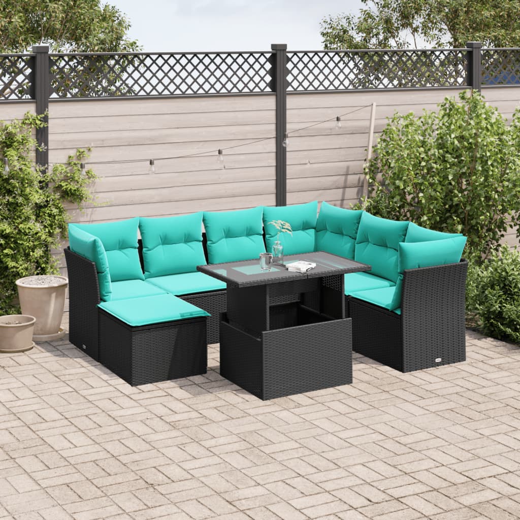 vidaXL 8-teiliges Gartensofa-Set mit Kissen, schwarzes Polyrattan