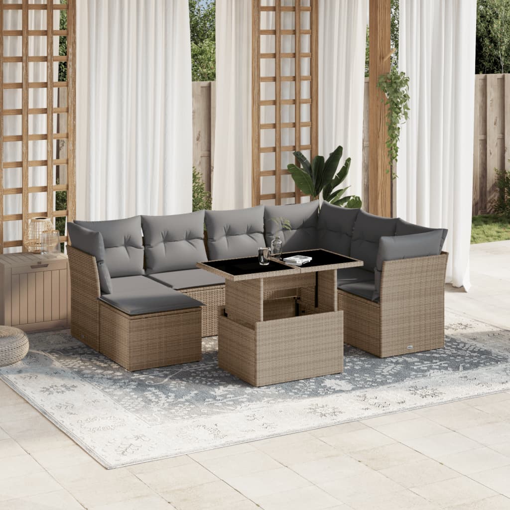 vidaXL 8-tlg. Garten-Sofagarnitur mit Kissen Beige Poly Rattan