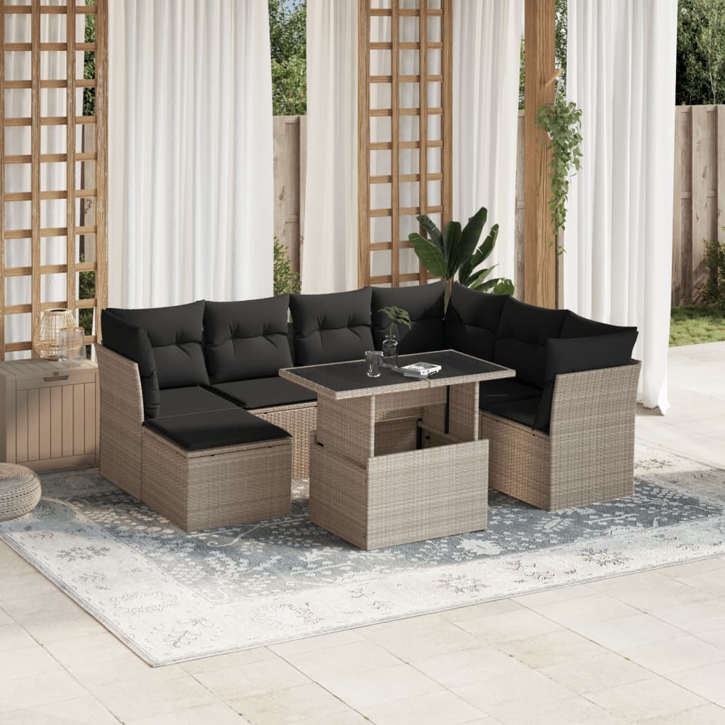 vidaXL 8-tlg. Garten-Sofagarnitur mit Kissen Hellgrau Poly Rattan