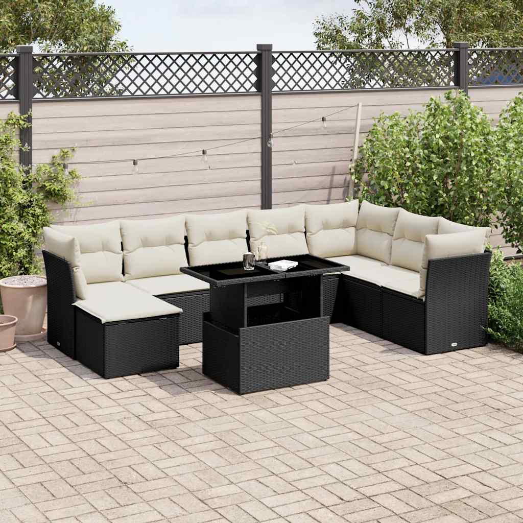 vidaXL 9-tlg. Garten-Sofagarnitur mit Kissen Schwarz Poly Rattan