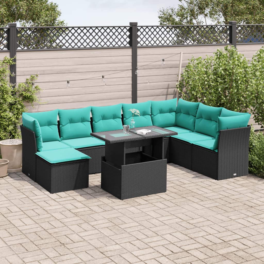 vidaXL 9-teiliges Gartensofa-Set mit Kissen, schwarzes Polyrattan