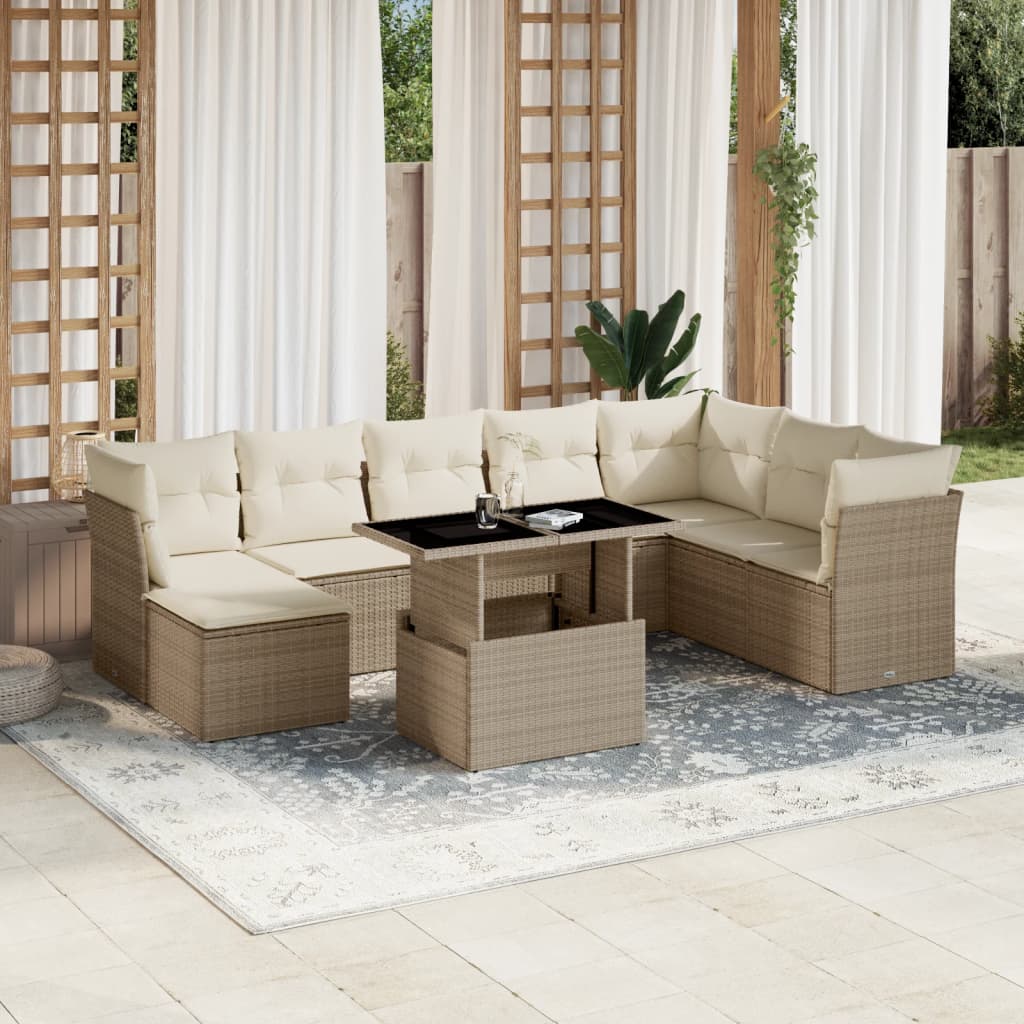 vidaXL 9-tlg. Garten-Sofagarnitur mit Kissen Beige Poly Rattan