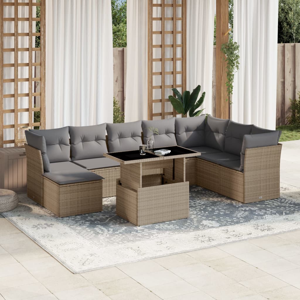 vidaXL 9-tlg. Garten-Sofagarnitur mit Kissen Beige Poly Rattan