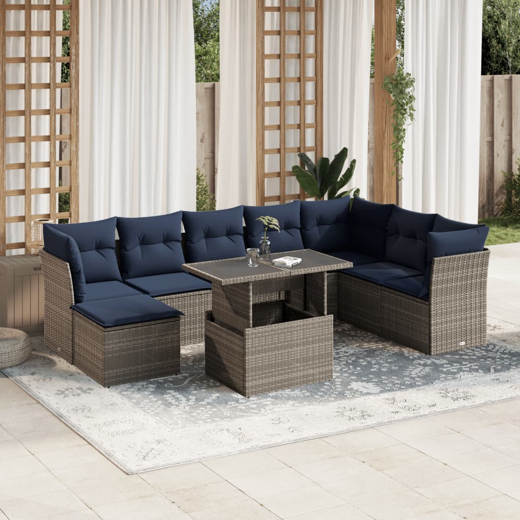 Havesofasæt i grå polyrattan med marineblå hynder - 9 dele, løftebord