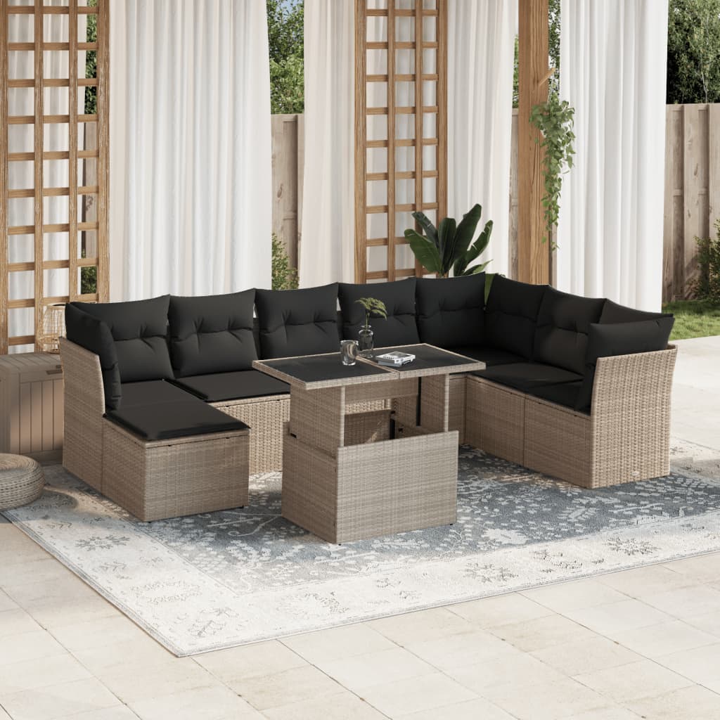 vidaXL 9-tlg. Garten-Sofagarnitur mit Kissen Hellgrau Poly Rattan