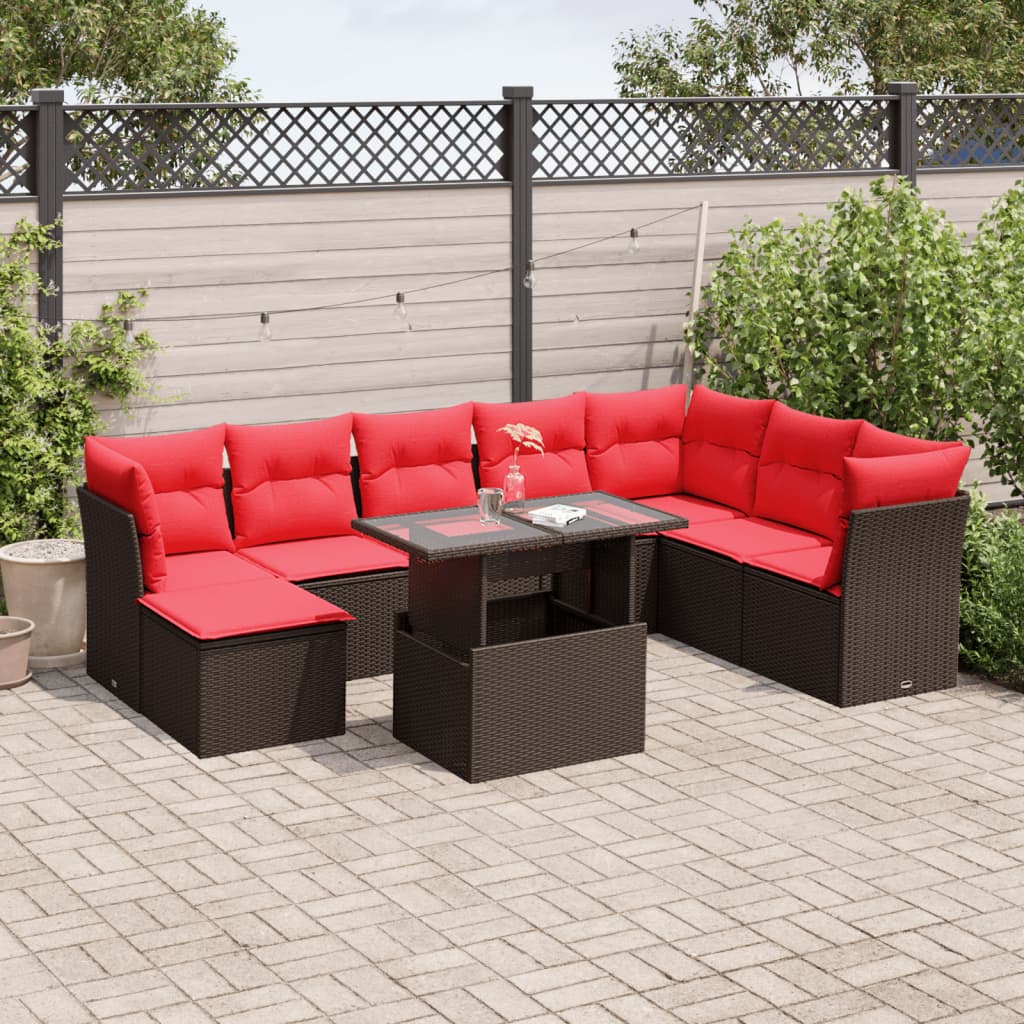 vidaXL 9-teiliges Gartensofa-Set mit Kissen, braun, Polyrattan
