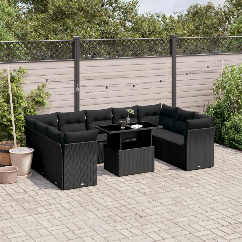 vidaXL 10-tlg. Garten-Sofagarnitur mit Kissen Schwarz Poly Rattan