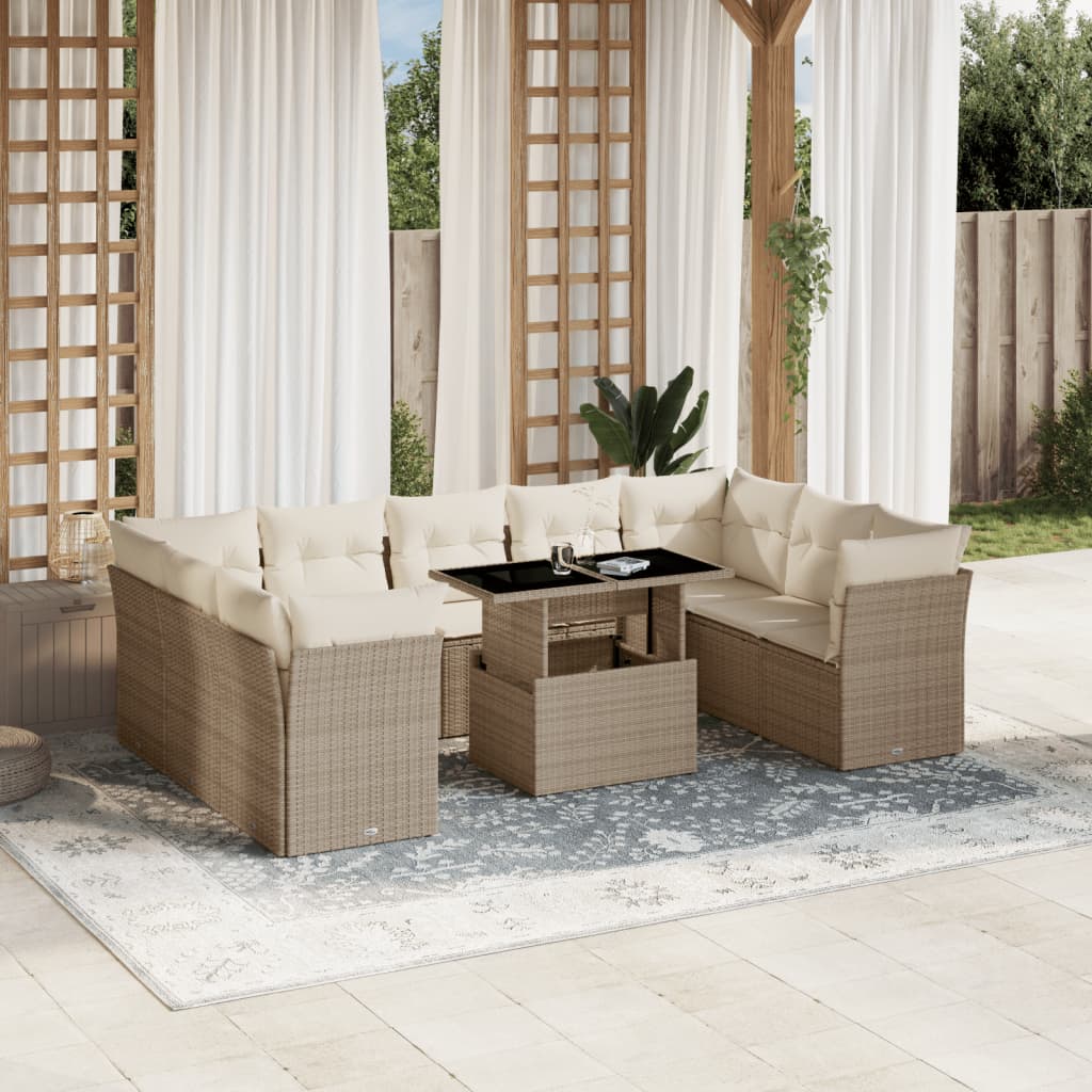 vidaXL 10-tlg. Garten-Sofagarnitur mit Kissen Beige Poly Rattan