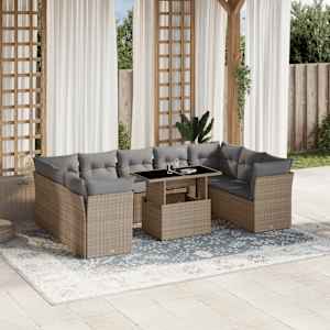 Vrtna sedežna garnitura 10-delna z blazinami bež poli ratan