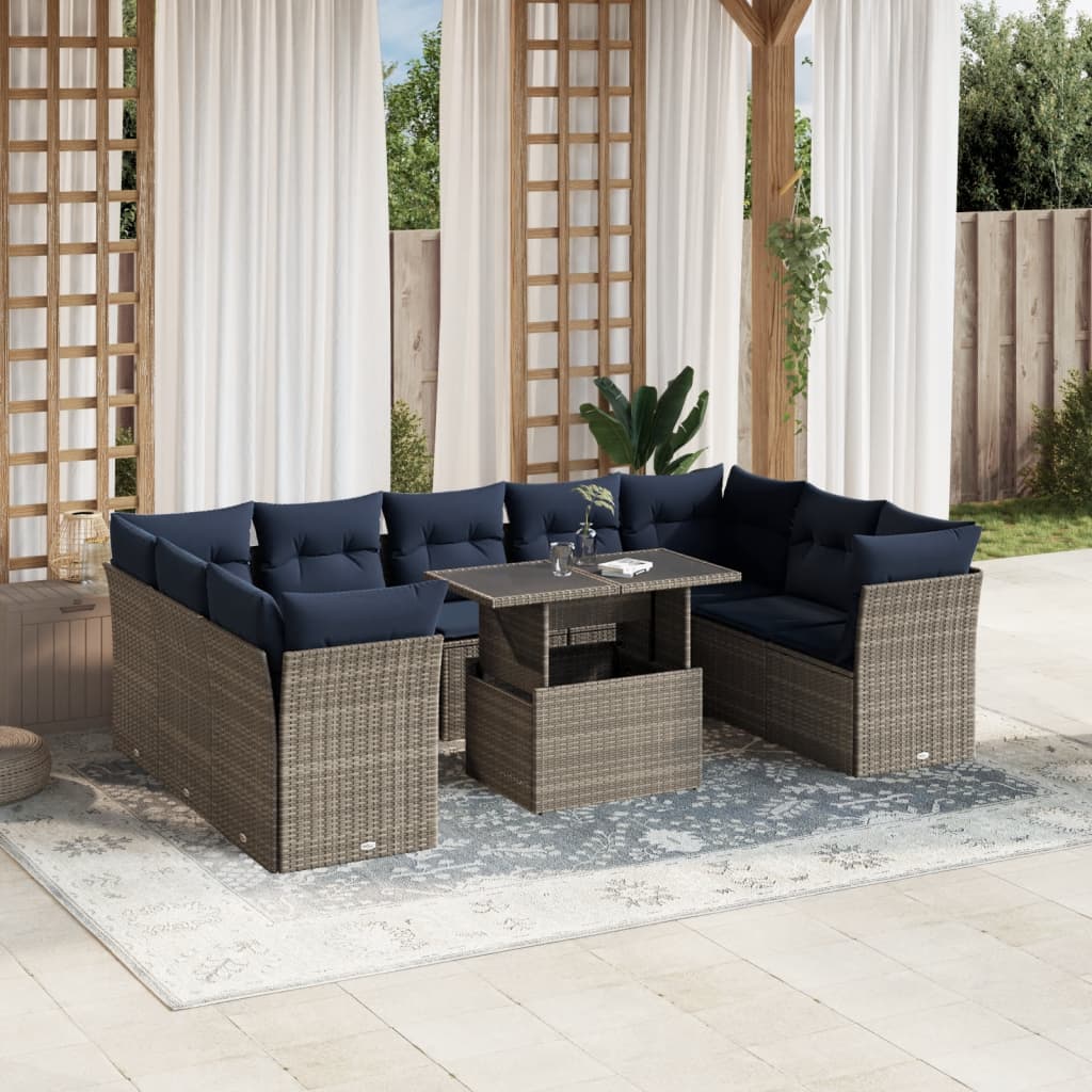 vidaXL 10-teiliges Gartensofa-Set mit Kissen, grau, Polyrattan