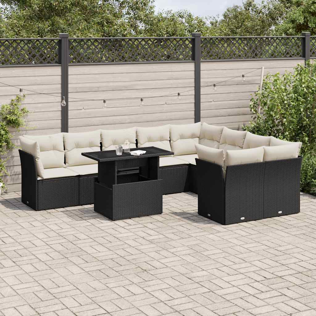 vidaXL 10-tlg. Garten-Sofagarnitur mit Kissen Schwarz Poly Rattan