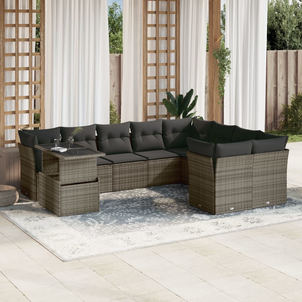 vidaXL 10-tlg. Garten-Sofagarnitur mit Kissen Grau Poly Rattan