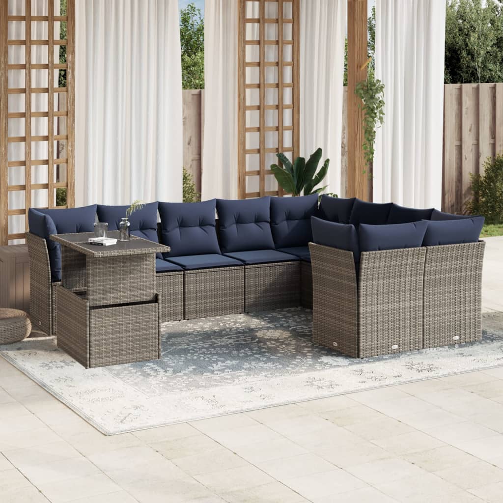 vidaXL 10-teiliges Gartensofa-Set mit Kissen, grau, Polyrattan